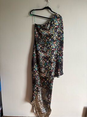Halston Heritage Sz 4 Colorful Satin One Shoulder Draped Wedding Midi Dress